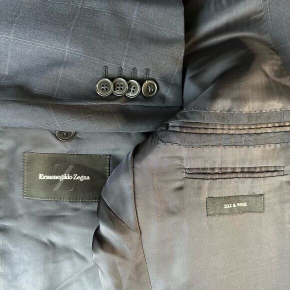 Ermenegildo Zegna Blue Windowpane 3‎ Button Silk Wool Blazer 42R - Picture 2 of 8